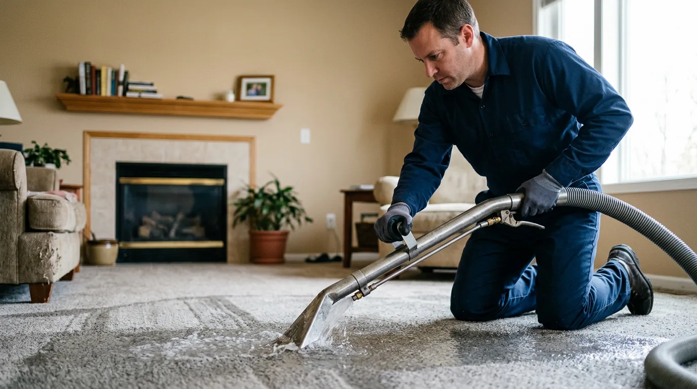 Water damage restoration technician working near Higbee, MO